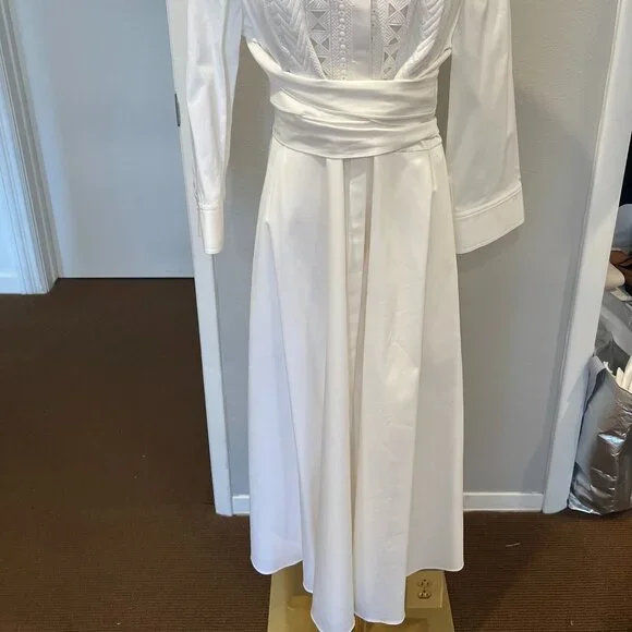 Elie Tahari Cream Wrap Midi Dress, Embroidered Yoke. Never Worn! Size 10 - Picture 2 of 6